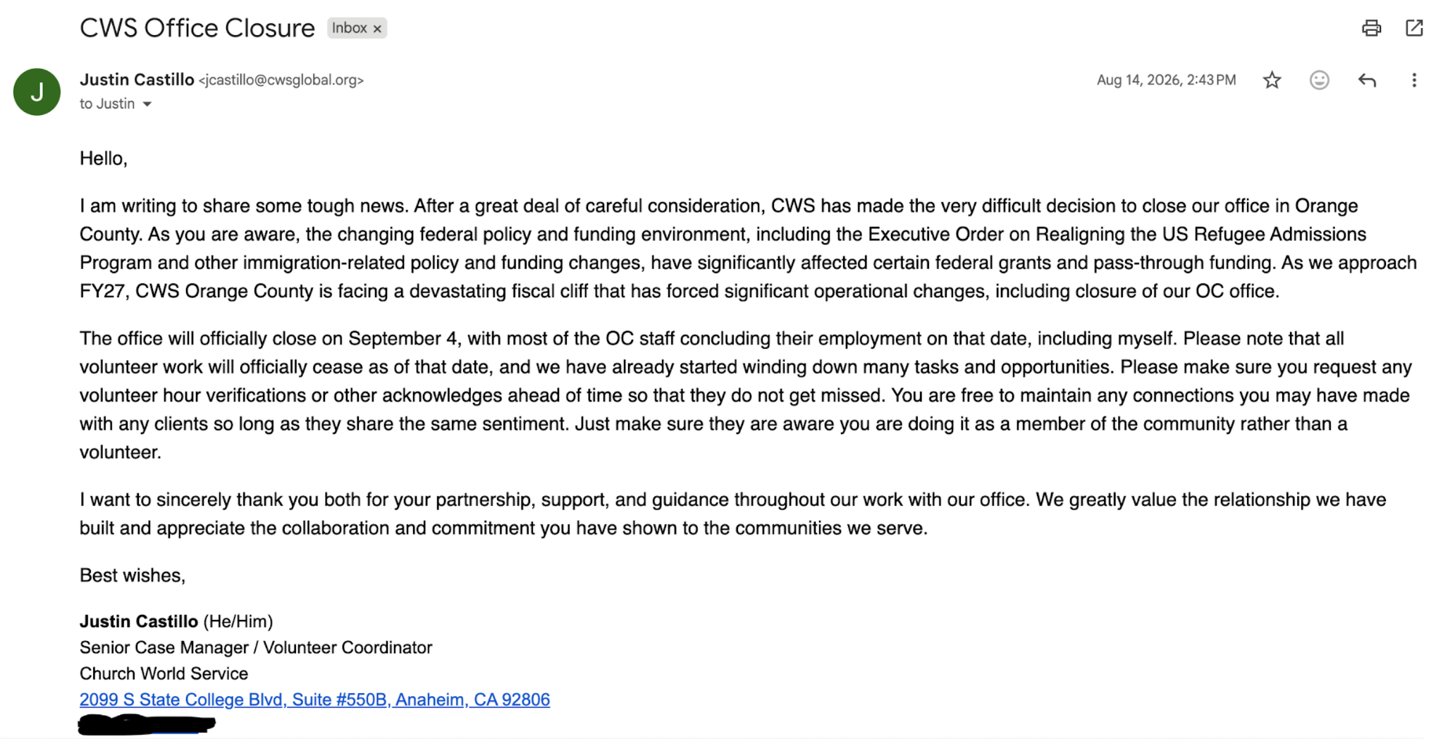 An August 14, 2026 email from Justin Castillo announcing that CWS Orange County will close on September 4.